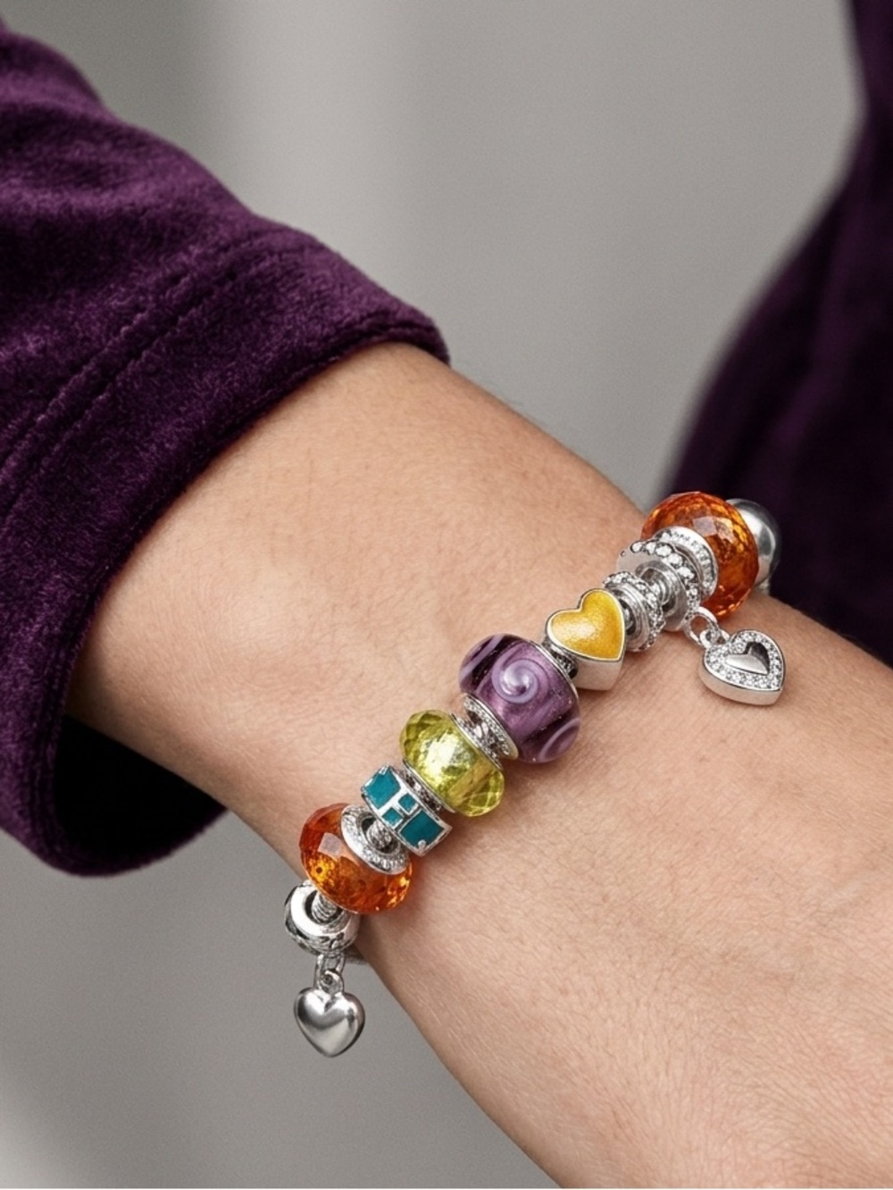🆕 Pandora-Style Silver Charm Bracelet with Multicolor Glass Beads